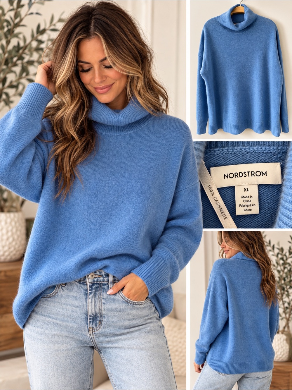 Nordstrom Women's Sky Blue Cashmere Turtleneck Sweater